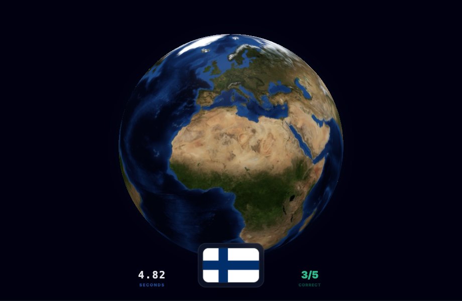 FlagTag in play: a 3D globe with a flag to find, a timer and a score